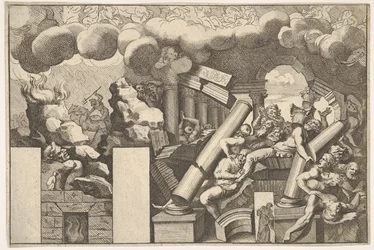 Kæmper knust af sten og templets faldende søjler, røgskyer over..., ca. 1680.