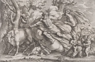 Io til venstre som en ko, Jupiter på en sky i midten og Juno til højre med pu..., 1650-90.