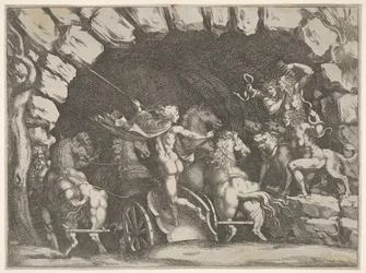 Pluto, set bagfra, går ind i underverdenen på sin vogn, Cerberus og tre Fu..., ca. 1680.