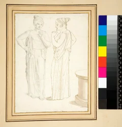 To visninger af en bronzestatuette (pen og blyant)