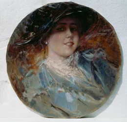 Strålende smil, af Pietro Scoppetta (1863-1920), olie på lærred påført på pap, 37,5 cm