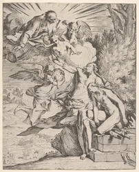 Isaks offer: en engel presser sig mod den dolkbærende arm af Abraham, som ..., ca.1645-50.
