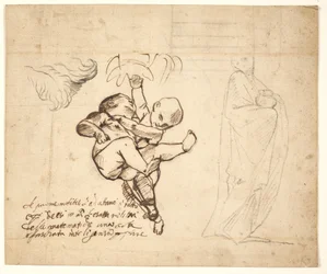 Studie til to spillende putti, blade og en draperet figur med en urne