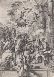Magiernes tilbedelse, sat foran og arkitektonisk søjlegang, ca. 1640.