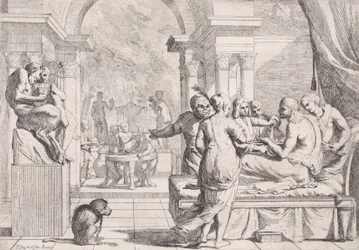 Den fortabte søn sidder på en sofa og får serveret vin, festglade i baggrunden, en ..., ca. 1645.