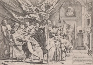 Filosoffen Catos selvmord, idet han ligger på sin seng og trækker sine indvolde ud, overvåget af b..., 1648
