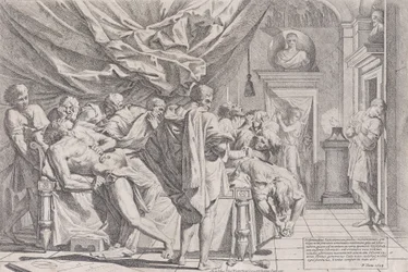 Filosoffen Catos selvmord, idet han ligger på sin seng og trækker sine indvolde ud, overvåget af b..., 1648
