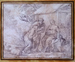 Hagars tilbagevenden, Saras egyptiske slave, Abrahams hustru. 17. århundrede. Mål 0,27 x 0,33 m. Louvre-museet