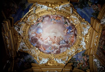 Cosimo I de Medicis (Cosimo I af Toscana) (1519-1574) Guide gennem herlighed og dyd før Apollo (Cosimo I de Medici, storhertug af Toscana ført foran Apollo af herlighed og dyd) Fresco af Pietro da Cortona (Berrettini) (1596-1669) Firenze, Palazzo