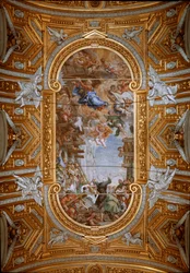 Jomfruen viser sig for den hellige Filippo Neri under opførelsen af kirken. Udsigt over hvælvets fresker af Pietro da Cortona (1596-1669), Madonna della Vallicellas mirakel af Pietro da Cortona, loftsfresko