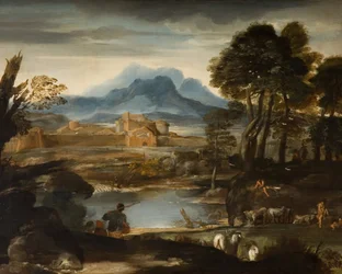 Landskab med en sø og en befæstet by, 1635.
