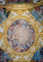 Sala di Apollo Hall of Apollo detalje af loftsdekoration, der viser Cosimo I deMedici 1519-74, der præsenteres for Apollo, ca. 1647 fresco