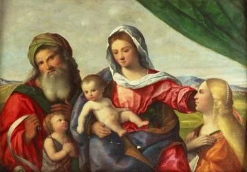 Madonna og barnet med Johannes Døberen, Katarina og Zacharias i et landskab (olie på lærred)