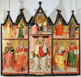 Madonna og barn med hellige polyptykon, ti separate paneler, 1440