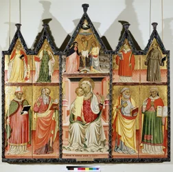 Polyptykon af Jomfru og Barn med Hellige. Øverst til venstre: Sankt Katarina af Alexandria og Sankt Maria Magdalena. I midten omkring Kristus på korset med inskriptionen ""INRI"" (I.N.R.I.). Jomfru Maria og Sankt Johannes. Øverst til højre: S