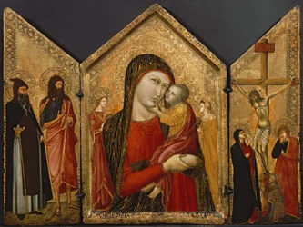 Madonna med barn, korsfæstelsen og helgener, ca. 1340-1370 (tempera og bladguld på panel)