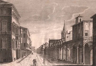 Udsigt over Strada Maggiore i Bologna, Emilia-Romagna, Italien, kobberstik af C Lambertini efter tegning af Pio Panfili (1723-1812), ca 13,5x19 cm