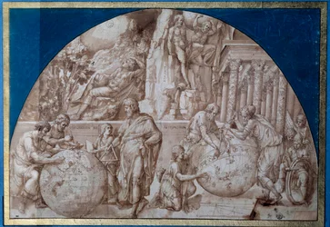 Astronomi allegori. Forskere tager målinger på jordkloder. Tegning med brunt blæk af Pirro Ligorio (ca. 1500-1583) 1500-tallets Paris, Louvre-museet