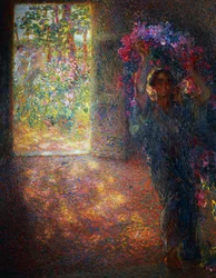 Blomsterhus, ca 1910, af Plinio Nomellini (1866-1943), olie på lærred, 200x160 cm, Italien, 20. århundrede