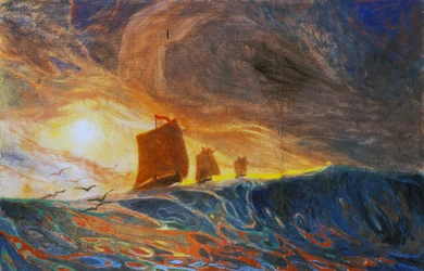 Marina og måger, af Plinio Nomellini (1866-1943), tempera på lærred, 97x149 cm