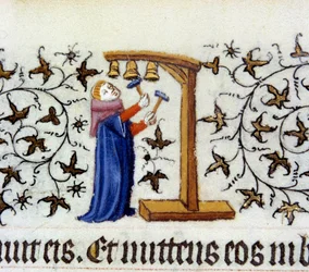 En klokkeringende munk. Flamsk miniature af Pol De Limburg (1400-tallet) fra manuskriptet "The very rich hours of the duke of berry""