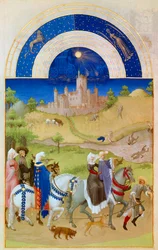 August: Herrer går gennem markerne, mens bønderne tager sig af høsten og bader. Nederst: slottet Etampes. Miniature i "The very rich hours of the Duke of Berry" af Pol De Limburg (1400-tallet). Chantilly, Musee Conde