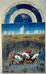 December: jagtscene. I baggrundsbilledet af Vincennes flamske miniature af Pol De Limburg (1400-tallet) fra manuskriptet "The very rich hours of the Duke of Berry""