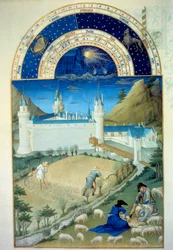 Juli: "" Le chateau de Poitiers, scene for høst og klipning""" Flamsk miniature af Pol De Limburg (15. århundrede) fra manuskriptet "" Hertugen af Berrys meget rige timer"""