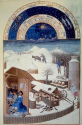 Februar måned: sne I forgrunden, en gård med en fårefold, landbrugsarbejde, træfældning - Miniature i "De meget rige timer af hertugen af Berry" af Pol De Limburg (15. århundrede). Chantilly, Musee Conde - februar: Sne (scene i en gård vid