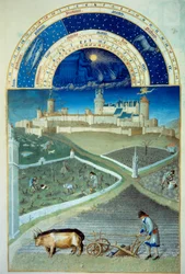Marts måned: pløjningen I forgrunden, landbrugsarbejde, bønder, der pløjer en mark, på størrelse med vinstokkene, i bunden Lusignans slot - Miniature i "" Les tres riches heures du Duke de Berry"" af Pol De Limburg (15. århundrede) - C