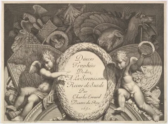 Titelside på Divers Trophées Weapon Trophys efter facaden af Palazzo Milesi i Rom, 1651