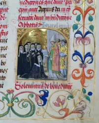 Biskop Blessing the Nonner fra det pavelige biskop Erasmus Ciolek, ca. 1510 (tempera & guld på pergament)