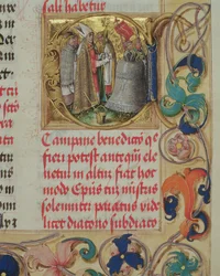 Velsignelse af en klokke af en biskop fra det pavelige biskop Erasmus Ciolek, ca. 1510 (tempera & guld på pergament)