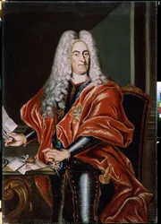 ""portræt af aristokrat"" Portræt af en ukendt polsk, formentlig en statsmand, af rige forhold, iført paryk og rustning. Han bærer kors af adelsordenen og præsenterer et brev adresseret til storkansleren. Maling