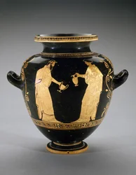 Rødfigur Stamnos med scene af Dionysos med tjenestepige, 440-420 f.Kr. (terracotta)
