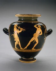 Rødfigur Stamnos med scene af Herkules med Satyr, 440-420 f.Kr. (terracotta)