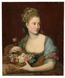 Portræt af en dame som Flora, halvlang, med en flettet kurv med blomster
