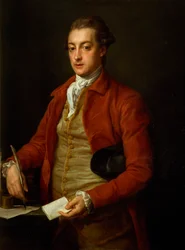 Portræt af Hon. Lionel Damer, halvlængde i rød frakke med grå vest og hvid halsbånd, med papir og fjerpen (olie på lærred)