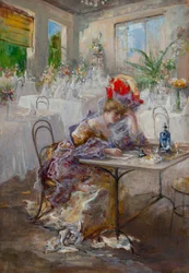 Et brev (eller Lady at the Cafe) af Mariani, Pompeo (1857-1927). Olie på pap, størrelse: 49x34