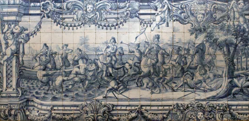 Alexander den Store (356-323 f.Kr.) i kamp mod perserne - azulejo-panel fra Lissabon, ca. 1745 - Det Nationale Azulejo-museum, Lissabon (Portugal)