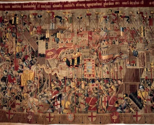 Erobring af Afrika: "" Indfangningen af Asilah (Arzila) i Marokko i 1471 af den portugisiske flåde""" Fragment af et gobelin fra det 16. århundredes portugisiske skole. Lissabon, Nationalmuseet for antik kunst