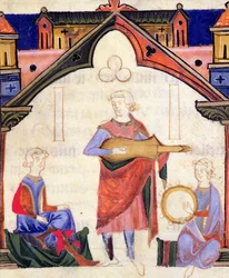 Fol.12v Musikere, der spiller guitar og tamburin, fra Chansonnier des Nobles