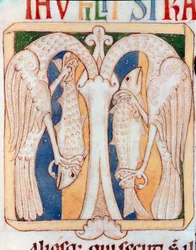 Brevpapir dekoreret af hejrer og fisk. Miniature fra manuskriptet "" Testamentum Vetus"" fra Sancta Cruz de Coimbra. 12. århundrede. Porto, kommunalt bibliotek