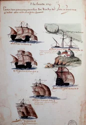 Manuskriptside »Minder om Portugals armadaer under kong Manuel I (1469-1521)«, der viser de portugisiske flåder i året 1497. 1500. Lissabon, Nationalmuseet for Ældre Kunst.