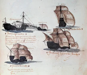 Mindeskrift om Portugals armadaer under kong Manuel 1. (1469-1521): fremstilling af den portugisiske flådes karaveller. Miniature fra et manuskript fra 1497. Lissabon, Nationalmuseet for gammel kunst