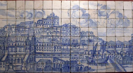 Panoramaudsigt over Lissabon før jordskælvet i 1755 - Azulejos fra begyndelsen af 18. århundrede, panel med henvisning til greverne af Tentúgals tidligere palads, Lissabon, stort panorama af Lissabon før jordskælvet i 1755, fajance fra begyndelsen af 18.