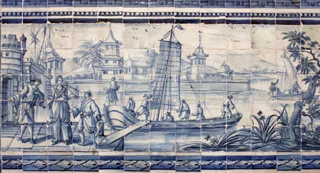 Scene ved bredden af en flod i Asien - Azulejos, malet fajance