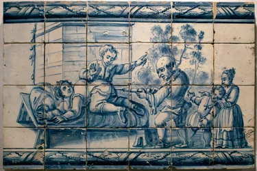 Lægen giver en patient et lavement - Satirisk panel fra Lissabon, første halvdel af det 18. århundrede (Læge - Satirisk panel, første halvdel af det 18. århundrede) - Det Nationale Azulejo-museum, Lissabon (Portugal)