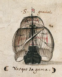 Vasco da Gamas karavel, illustration fra "Memorias das Armadas...", ca. 1568 (akvarel på papir)
