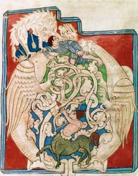 Indpakning O med repræsentation af en jagtkentaur. Miniature taget fra "" Det Gamle Testamente"" (Testamentum vetus) Fra Sancta Cruz de Coimbra. 12. århundrede. Porto, kommunalt bibliotek
